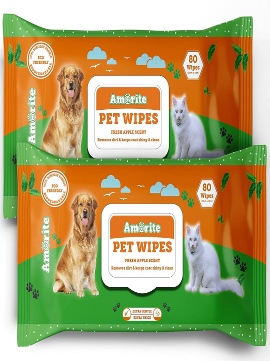 AMORITE Set of 2 Anti-Bacterial Wet Wipes With Fresh Apple Scent For Dogs, Puppies and Pets (160 Wipes)