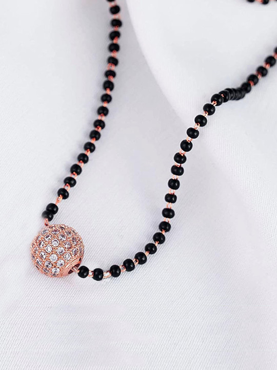 VAMA Women Rose Gold Ball Black Beads Chain Diamond stone Mangalsutra