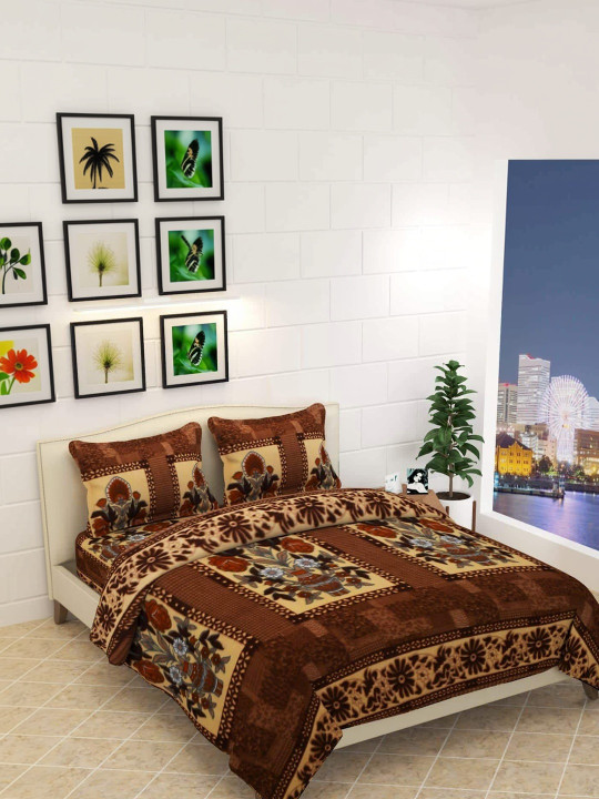 Quirky Home Brown Floral 180 TC King Bedsheet with 2 Pillow Covers