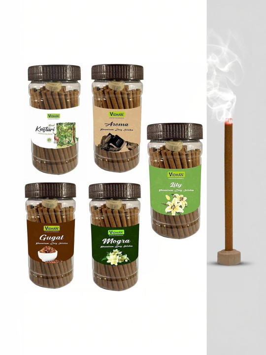 vidhan Brown Wooden Lilly Aroma Guggul Mogra Kasturi 5Pc Dhoop Sticks - 100 g Each