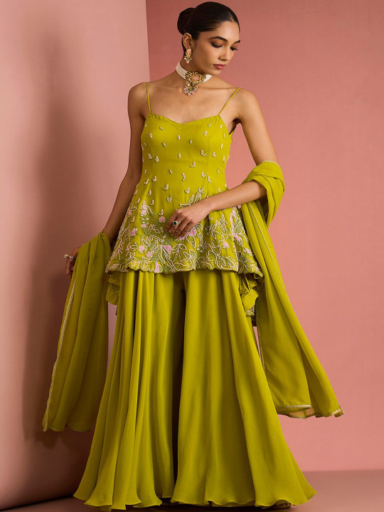 MILU MADAN Women Floral Embroidered Regular Thread Work Silk Georgette Kurta with Sharara & With Dupatta