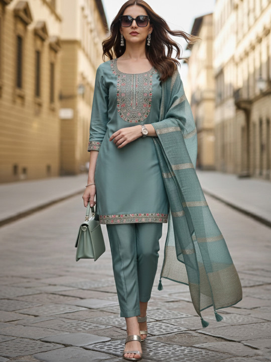 KALINI Floral Yoke Design Thread Work Cotton Silk Straight Kurta With Trousers & Dupatta