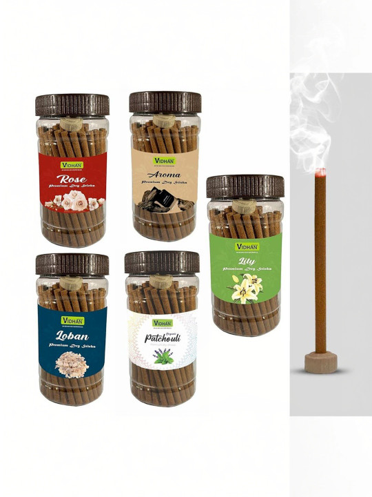 vidhan Brown Wooden Lilly Aroma Loban Rose Patchouli 5Pc Dhoop Sticks - 100 g Each