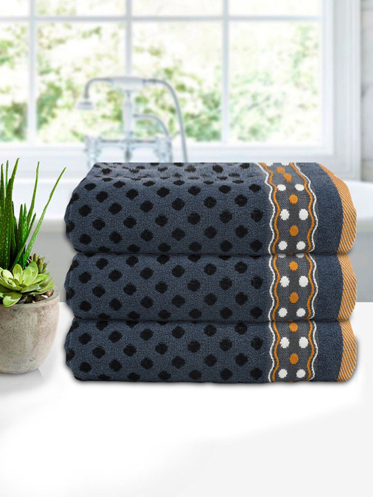 HOMESTIC Blue & Grey 3 Pcs Dot Printed Soft Cotton 270 GSM Bath Towel 30x60 inch