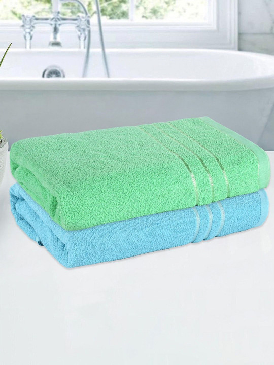 HOMESTIC Sky Blue & Green 2 Pcs Cotton 144 GSM Plain Lining Bath Towel 30x60 inch