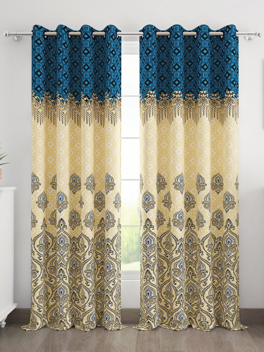 Blue & Beige 2 Pieces Ethnic Motifs Door Curtain