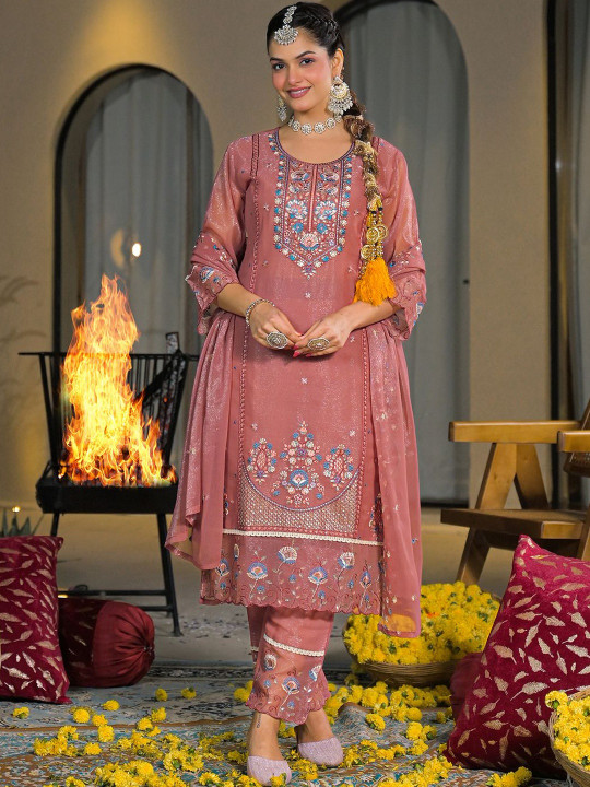 SKYLEE Women Ethnic Motifs Embroidered Regular Thread Work Silk Chiffon Kurta with Trousers & With Dupatta