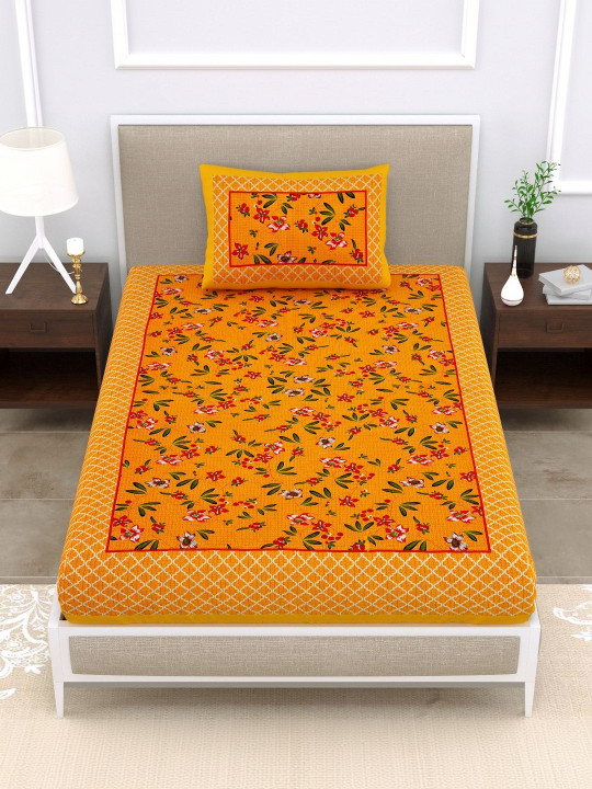MILAAV Yellow Floral 144 TC Single Bedsheet with 1 Pillow Covers