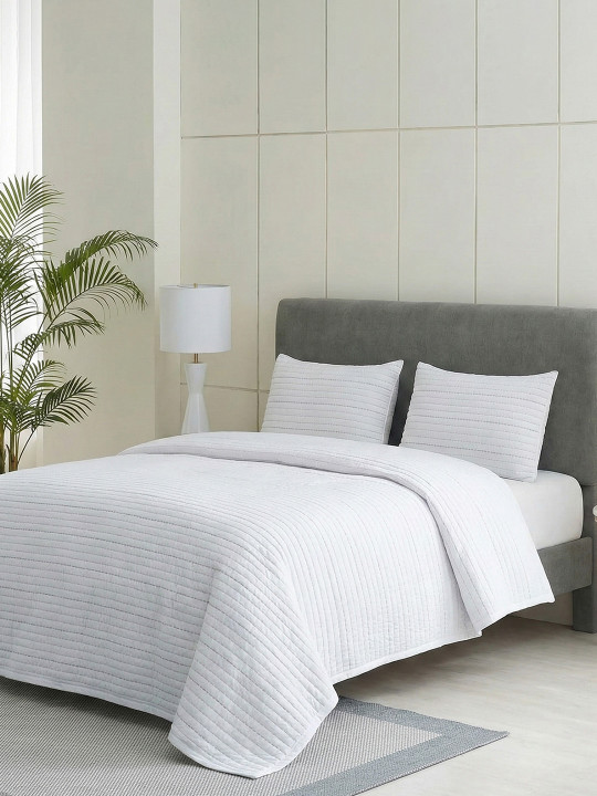 DDecor White Set of 3 Striped Mild Winter 110 GSM Double Bed Quilt