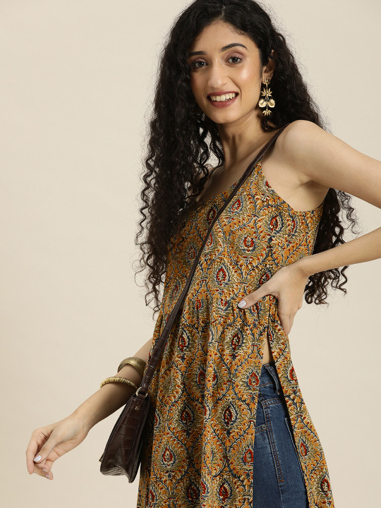 Taavi X fwd Women Multicoloured Kalamkari Printed Pure Cotton Shoulder Strap Sustainable Kurta