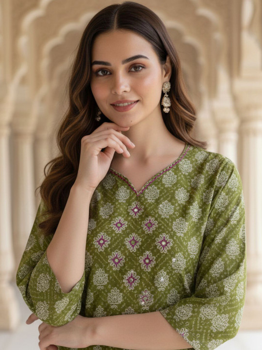 OZIA Ethnic Motifs Printed V-Neck Pure Cotton Kurti