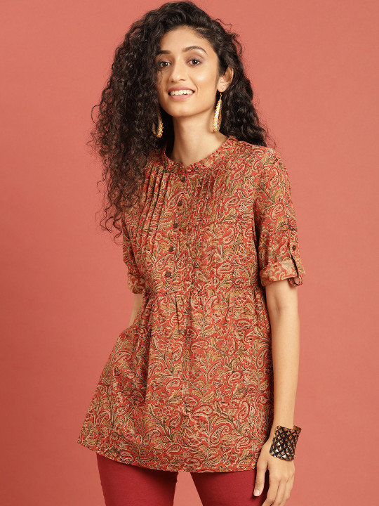Taavi Women Rust Orange Kalamkari Hand Block Printed Pleated A-line Cotton Top
