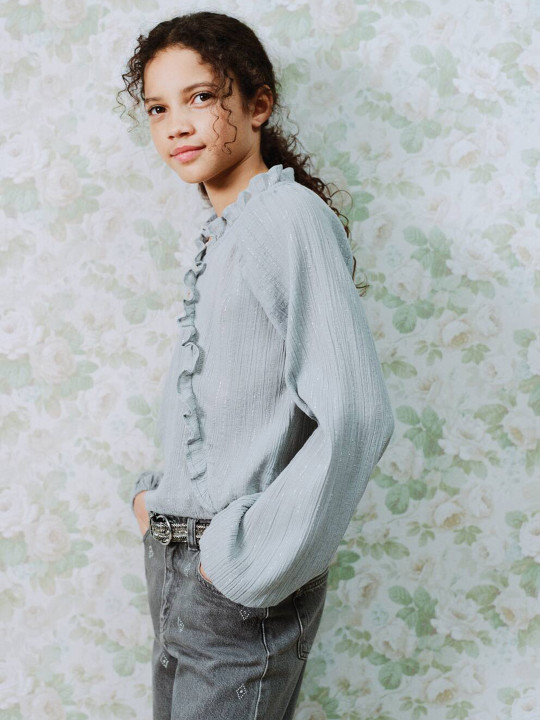 Mango Kids Striped Puff Sleeve Ruffles Cotton Blouson Top