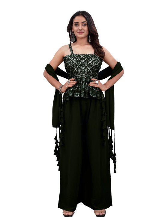 SANCIA Embroidered Sequins Top With Palazzos And Dupatta