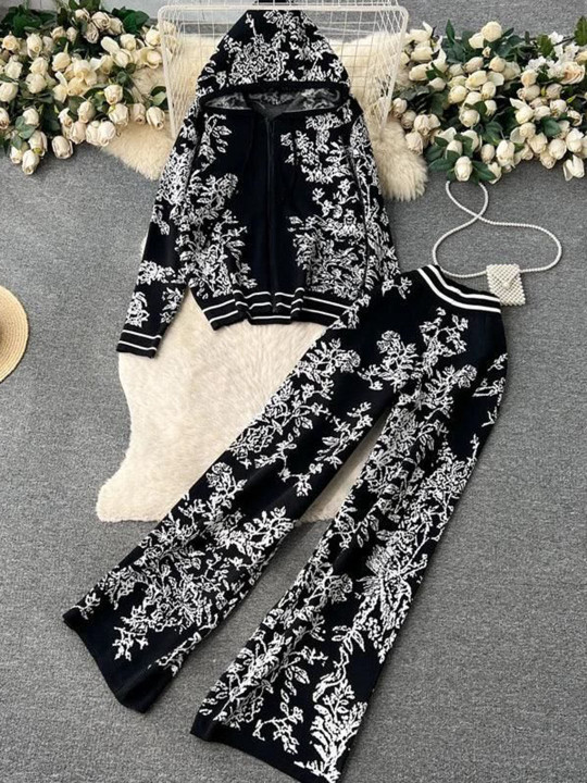 Miss Mosa By Akanksha Black & White Fary Floral Woolen Co-Ord Set
