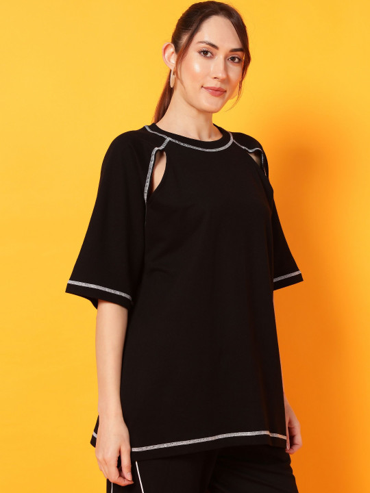 PockMAN Women Bio Finish Solid Round Neck Cotton Oversized T-shirt