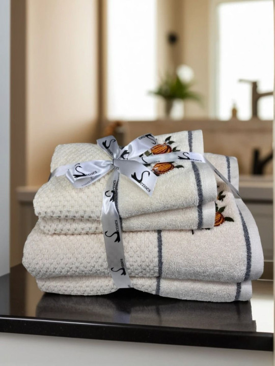SENSES Ivory & Brown 4 Piece Self Design Embroidery Cotton 550 GSM Towel Set