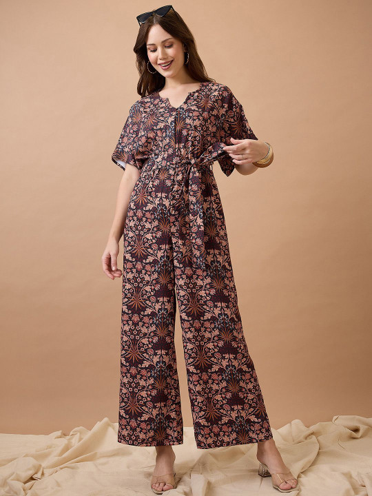 Globus Floral Print with V Cut Kimono Sleeves Waist Tie-Up Longline Fusion Jumpsuit
