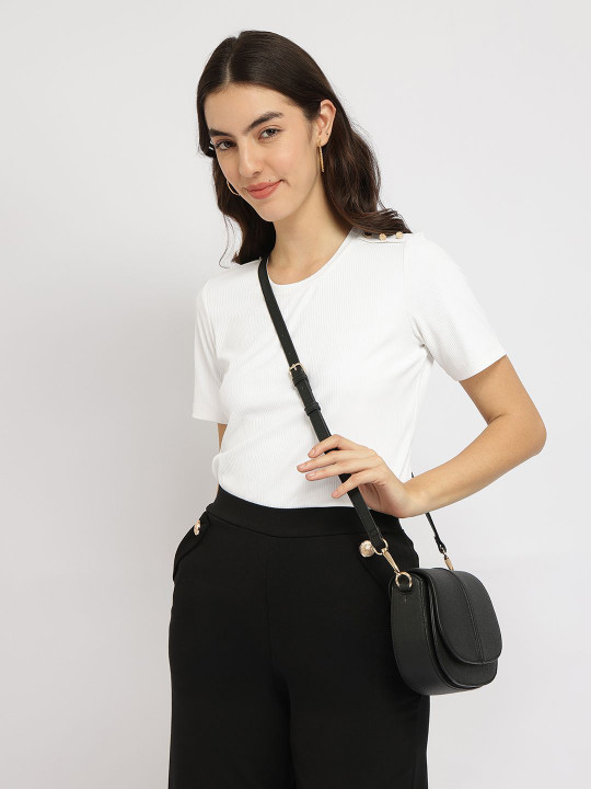 FABLE STREET Women Stretchable Half Sleeves Top - White