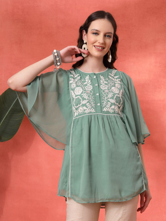 Nayam By Lakshita Women Floral Thread Work Flared Pure Chiffon Embroidered Flared Kurti