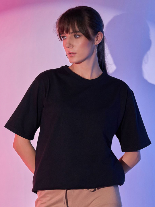 DIMPY GARMENTS Women Solid Boxy Fit Cotton T-shirt