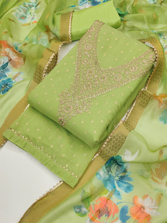 TAVAS Floral Embroidered Sequinned Chanderi Silk Unstitched Dress Material