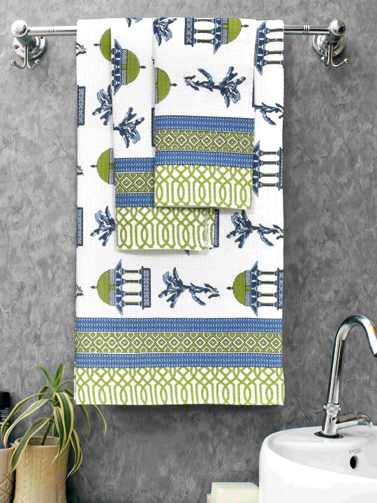MAFATLAL White & Green 3 Pieces Ethnic Motifs Printed Cotton 250 GSM Towel Set