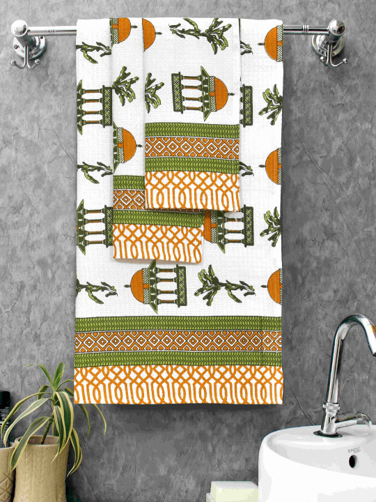 MAFATLAL White & Orange 3 Pieces Ethnic Motifs Printed Cotton 250 GSM Towel Set