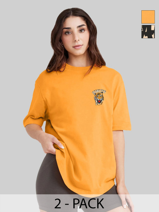 Leotude Women Pack Of 2 Graphic Printed Round Neck Cotton Oversized T-shirts