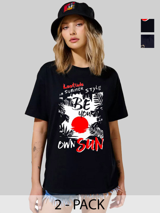 Leotude Women Pack Of 2 Graphic Printed Round Neck Cotton Oversized T-shirts