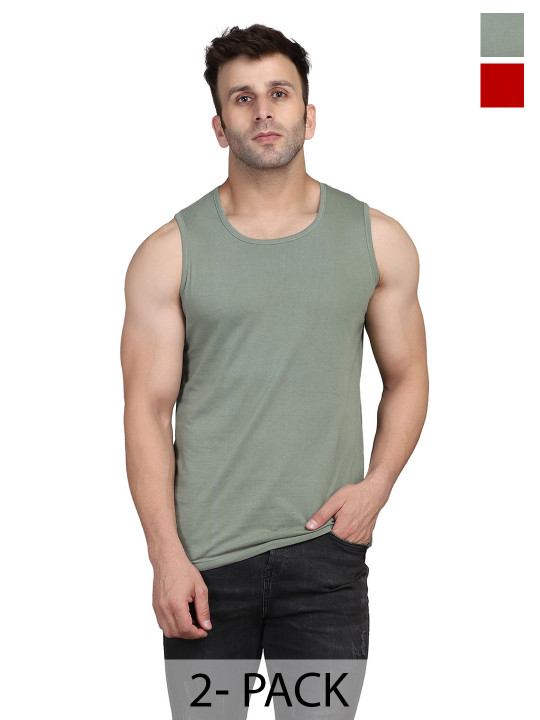 WOOSTRO Men Pack of 2 Ultra-Soft Innerwear Vests RS26 COMBO (RED) (LGTGREEN)