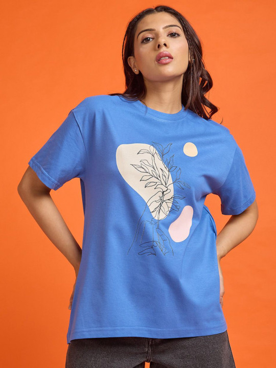 Mast & Harbour Women Graphic Printed Round Neck Cotton Oversized T-shirt