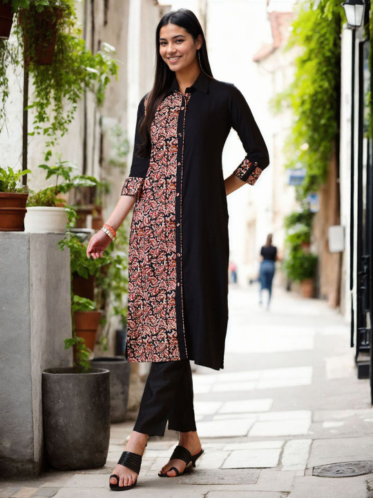 Anouk Ethnic Motifs Printed Shirt Collar Straight Kurta