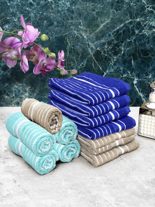 Aura Blue & Beige 12 Pieces Striped Pure Cotton 150 GSM Hand Towels