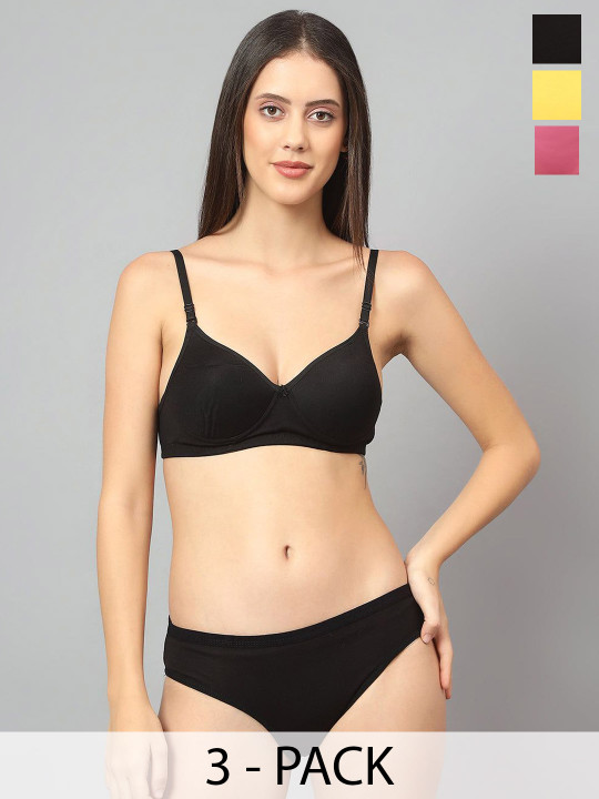 Designer Bugs Women Pack Of 3 Cotton Non Padded Non Wired Lingerie Set