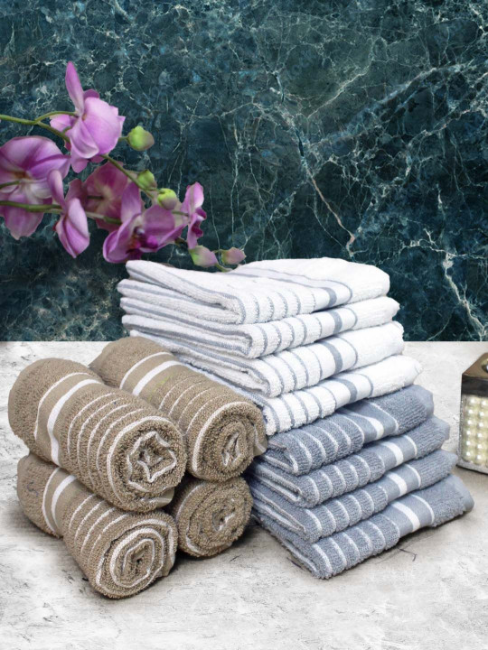 Aura White & Brown 12 Pieces Striped Pure Cotton Super Absorbent & Quick Dry Hand Towels