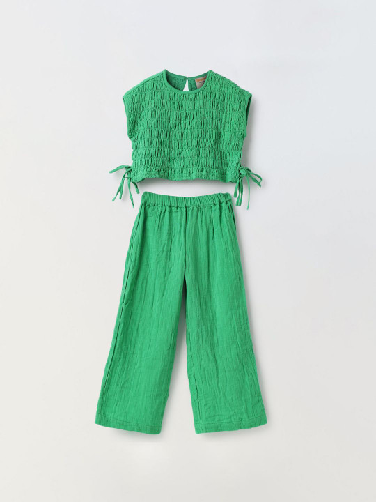 SPUNKIES Girls Pure Cotton Side Tie-Ups Smocked Top with Trousers