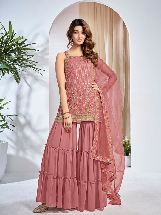 Inddus Women Floral Embroidered Regular Thread Work Kurta with Sharara & With Dupatta