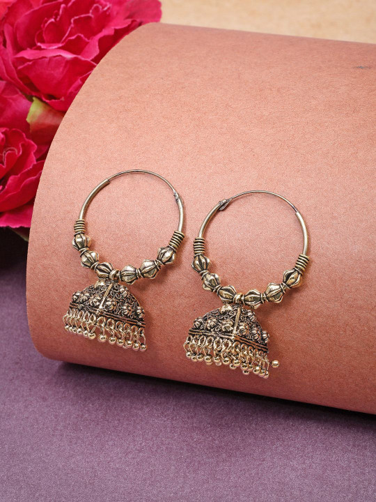 NVR Women German Silver Gold Plated Oxidised Dome Shaped Jhumka Earrings