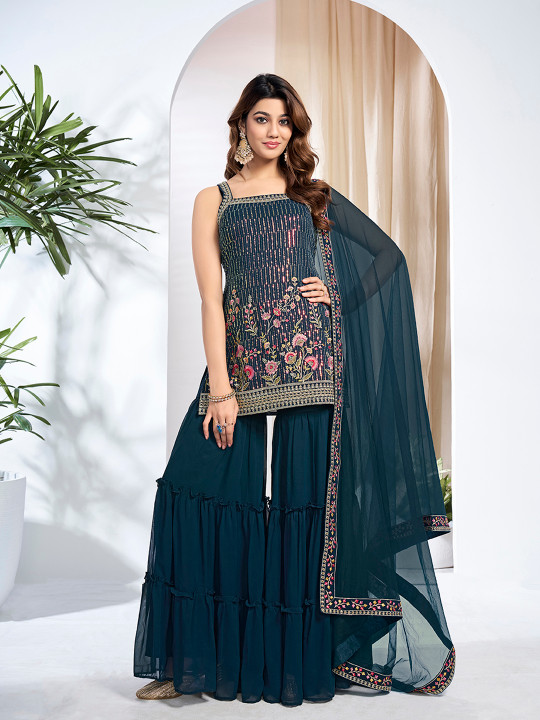 Inddus Women Floral Embroidered Regular Thread Work Kurta with Sharara & With Dupatta
