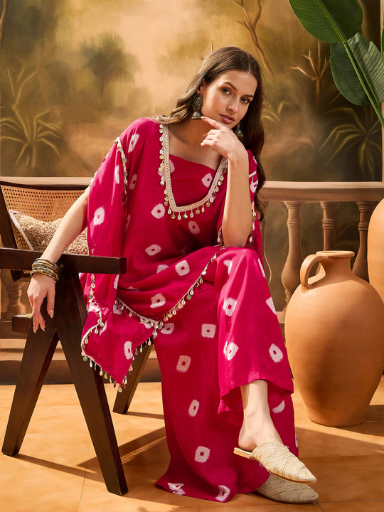 Sangria Bandhej Printed Kaftan & Tube Fusion Top With Sharara