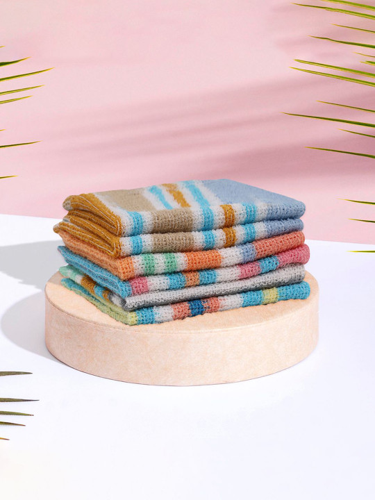 Kuber Industries Blue & Yellow 6 Pieces Striped Cotton 210 GSM Square Hand Towels
