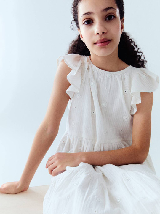 Mango Kids Schiffli Flutter Sleeve A-Line Dress