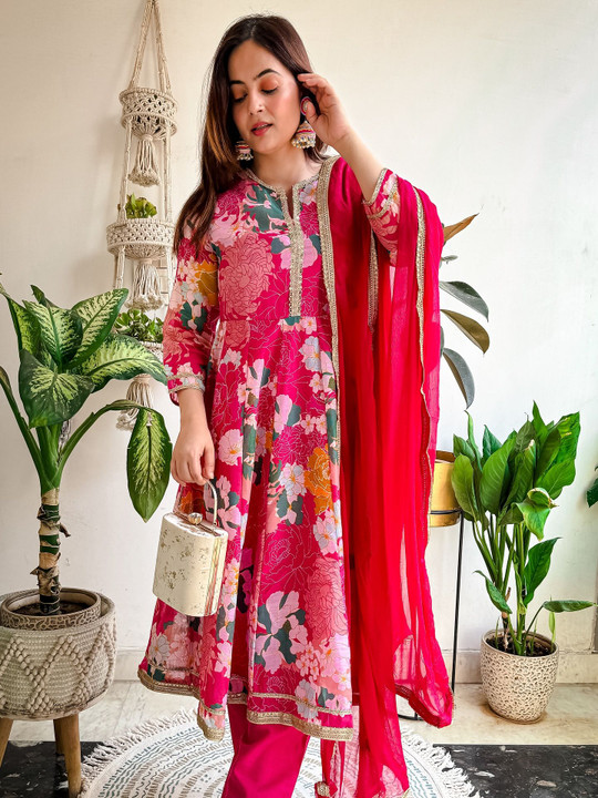 NKV Floral Printed Sequinned Chanderi Silk A-Line Kurta with Dupatta