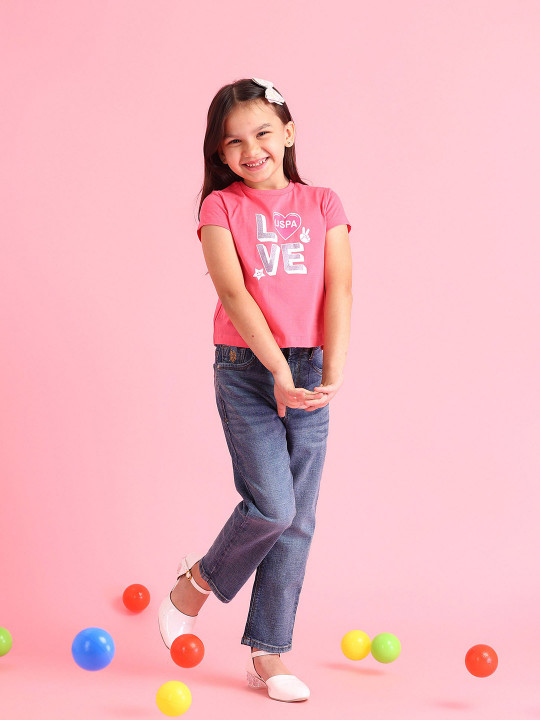 U.S. Polo Assn. Kids Girls Typography Printed Pure Cotton T-shirt