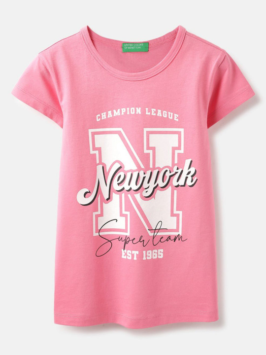 United Colors of Benetton Girls Typography Printed Pure Cotton Applique T-shirt