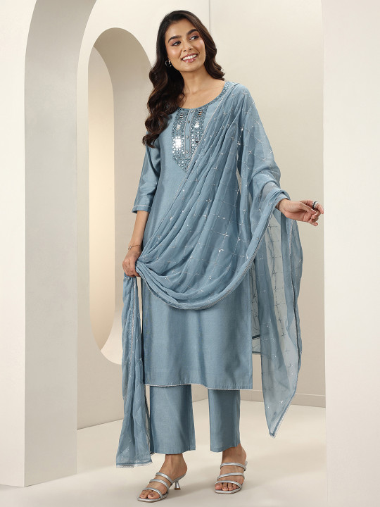 Libas Women Yoke Design Regular Mirror Work Kurta with Trousers & With Dupatta