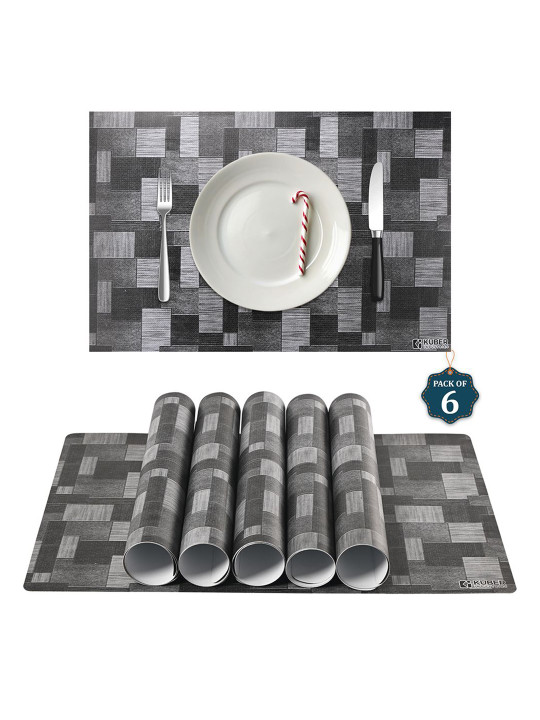 Kuber Industries Grey & Black 6 Pieces Printed Waterproof Table Placemats