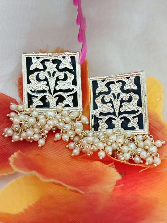 EVY Gold-Plated Pearls Square Shaped Drop Earrings