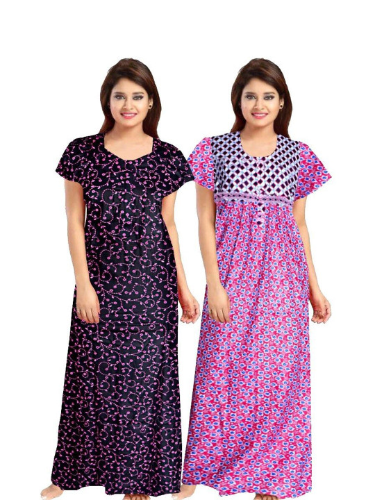 PR PINK ROYAL Women Pack Of 2 Printed Pure Cotton Maxi Nightdress